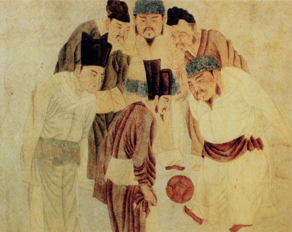Emperor Taizu of Song playing cuju (Chinese football) with his prime minister Zhao Pu (趙普) and other ministers, by Yuan dynasty artist Qian Xuan (1235–1305)
